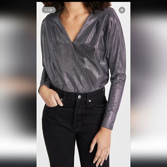 Ramy Brook Esther Silver Metallic Wrap Top Size M - Picture 3 of 12